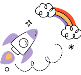 Colourful rocket heading towards a rainbow