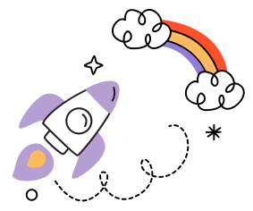Colourful rocket heading towards a rainbow
